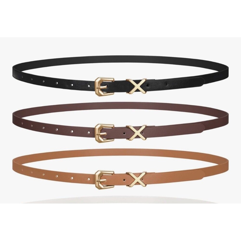 Jasgood 3 Pack Women's skinny Leather Belts Black, Brown, Beige, sm 27-32" Waist